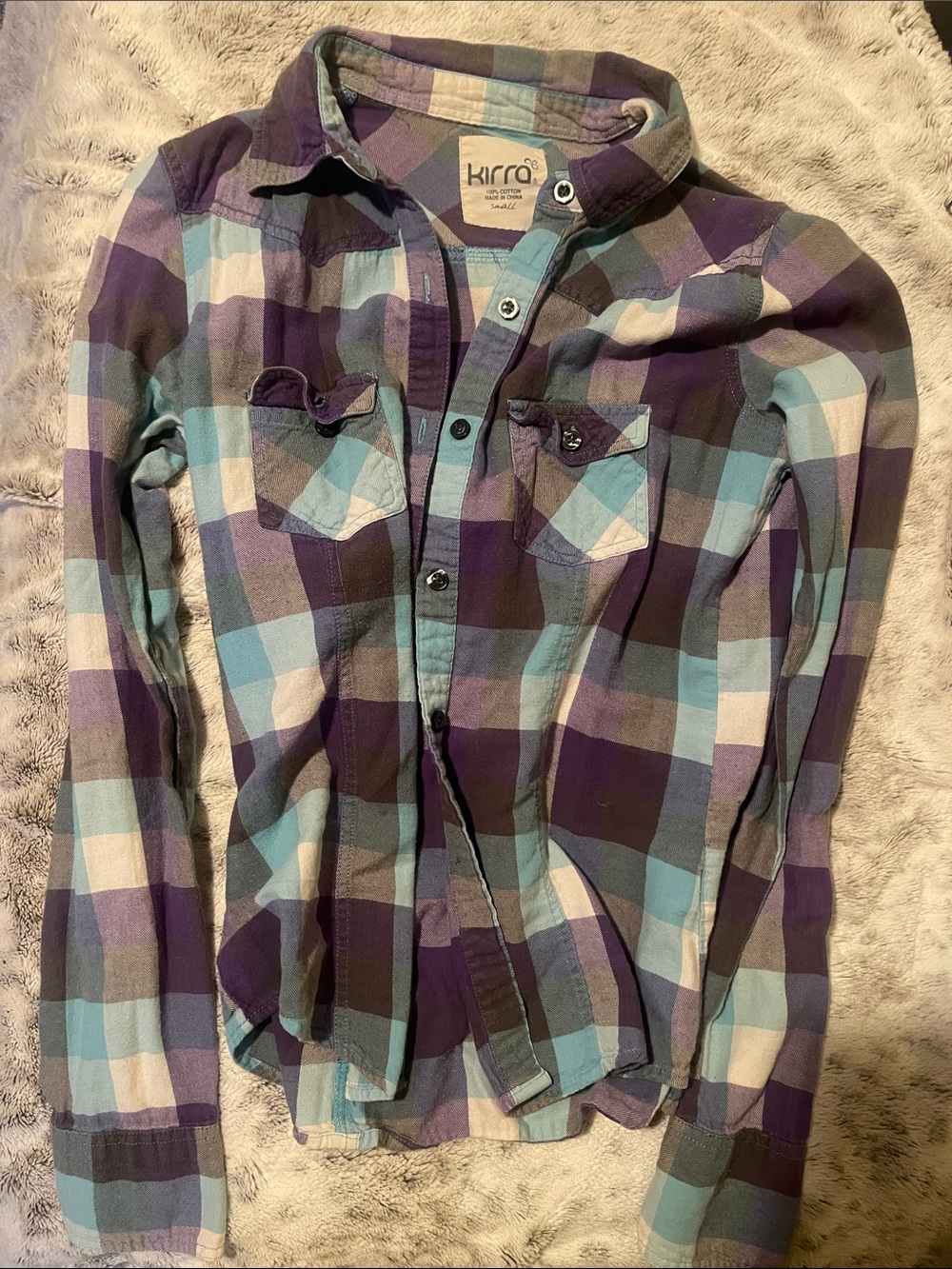 Kirra Plaid Button-Down Shirt in Purple, Light Blue & White